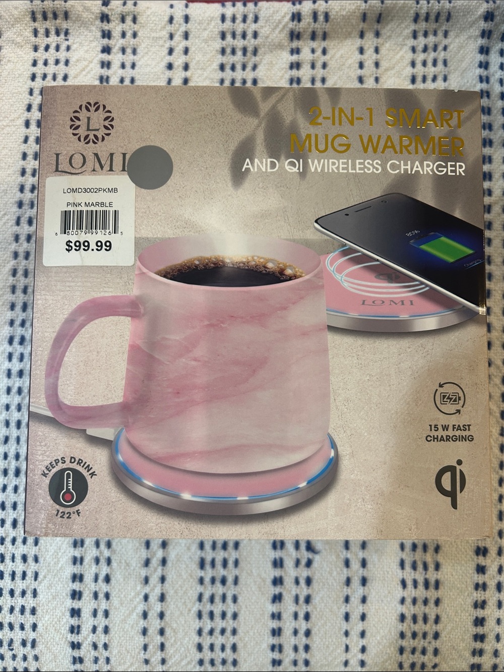 Lomi Pink Marble 2-in-1 Smart Mug Warmer with Qi Wireless Charger